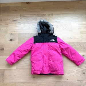 The North Face Kids Pink and Black Puffer Jacket with Faux-Fur Hood